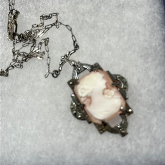 1920’s Silver and Marcasite Cameo Necklace - Picture 7 of 7